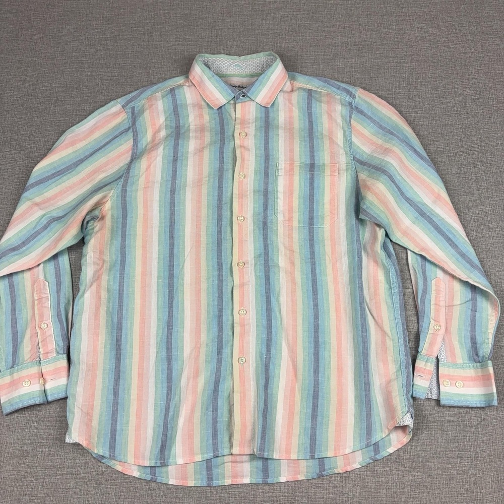 Tommy Bahama Shirt Mens Large Multicolor Striped Long Sleeve Linen Button Up